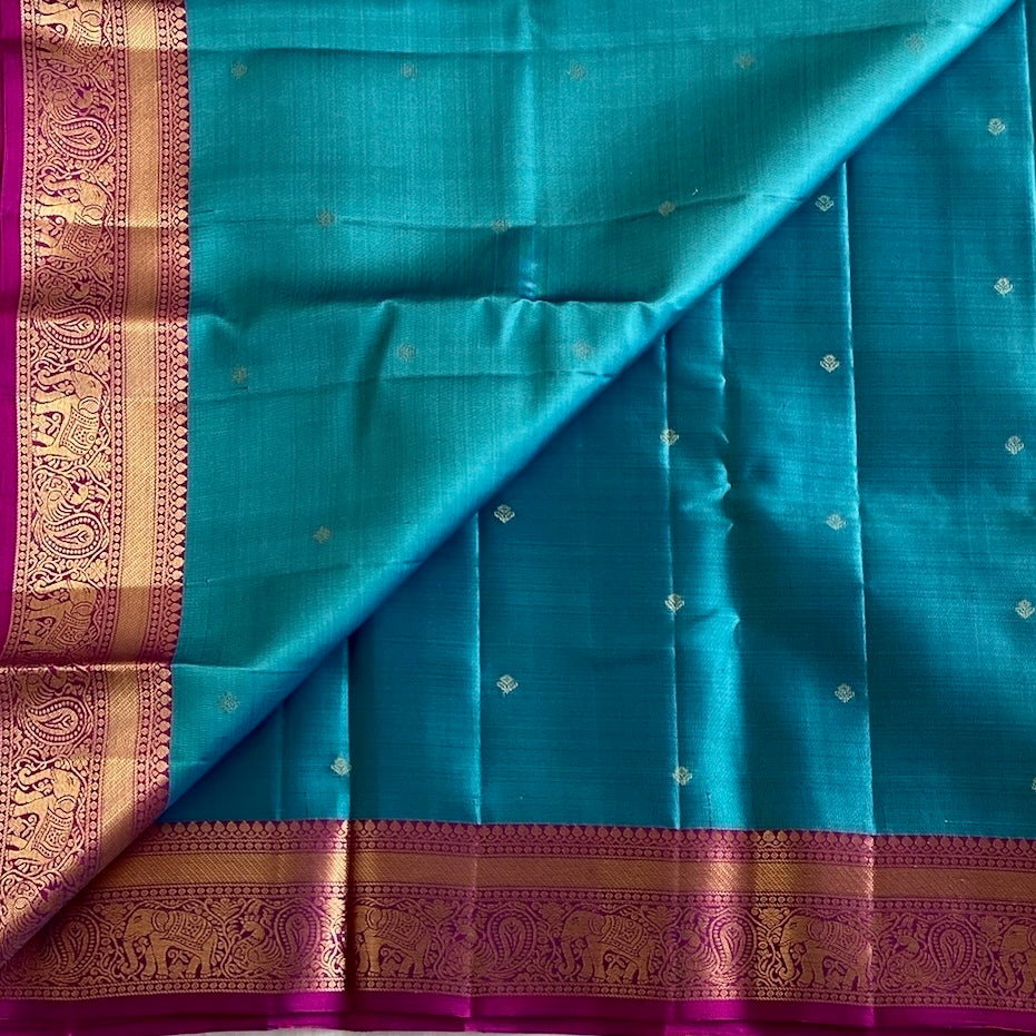 Teal Blue Designer Pure Silk Saree With Magenta Pallu And Gold Zari