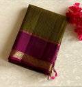 Deep Magenta Silk Saree Gold Zari Floral Motifs Olive Border