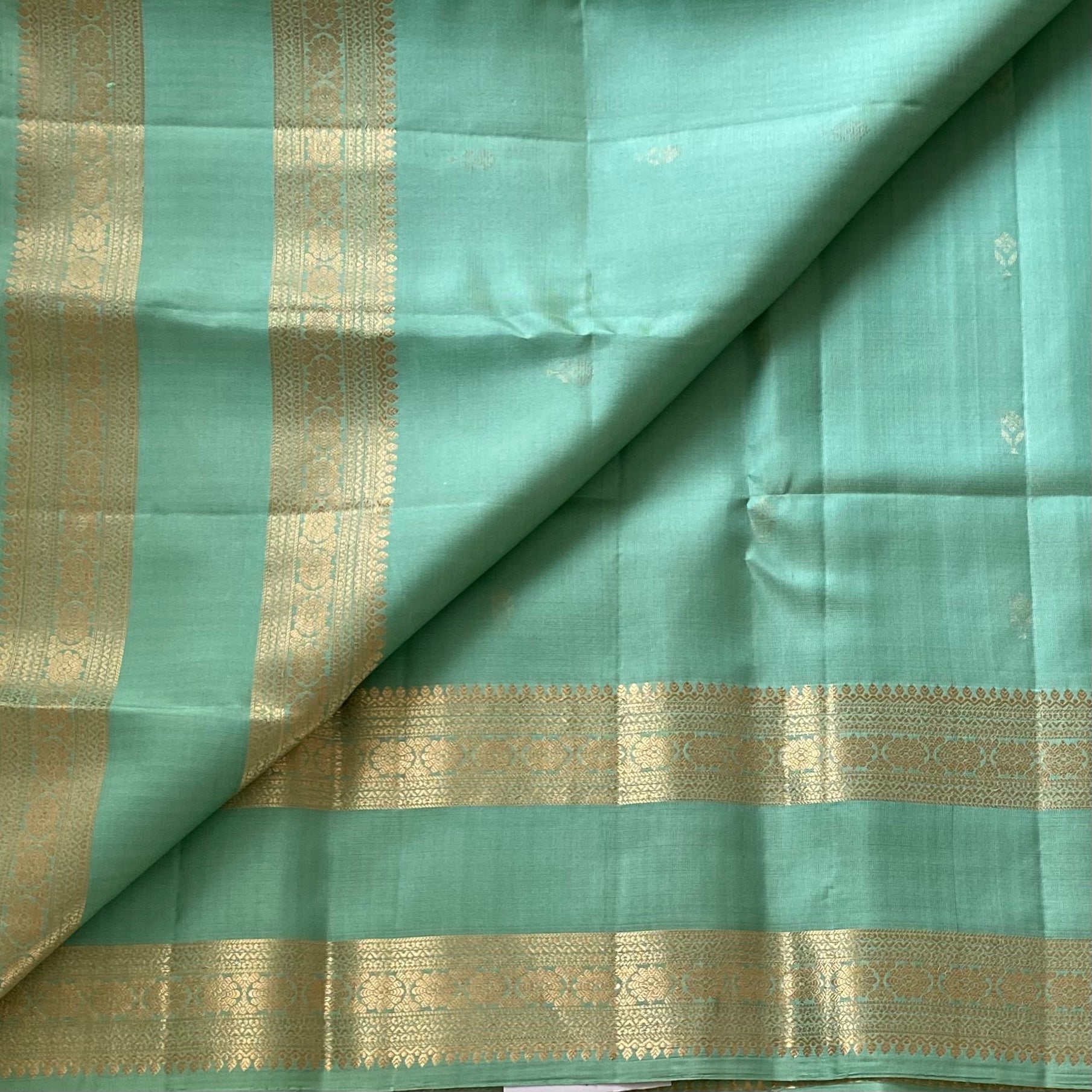 Pistachio Green Designer Pure Silk Saree Antique Gold Brocade Border