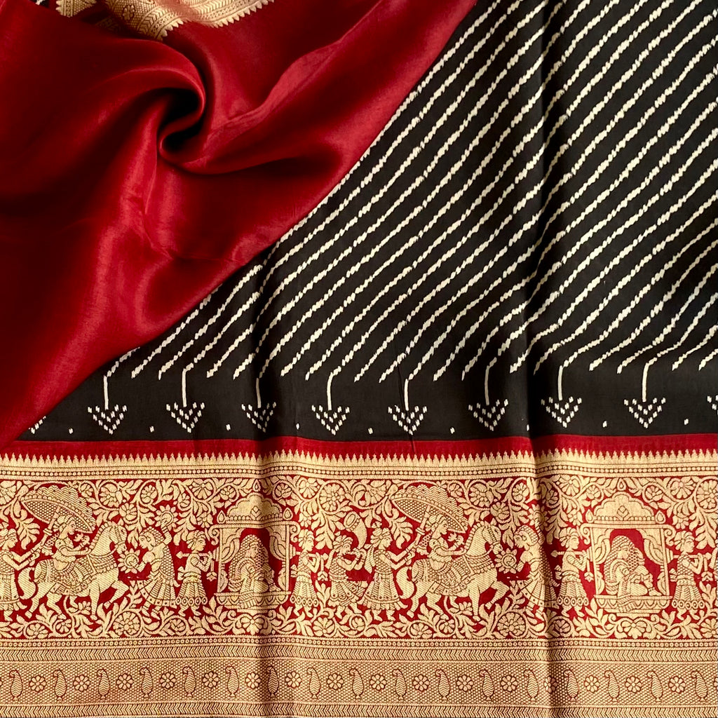 Jet Black Premium Soft Tussar Silk Saree With Deep Maroon Pallu