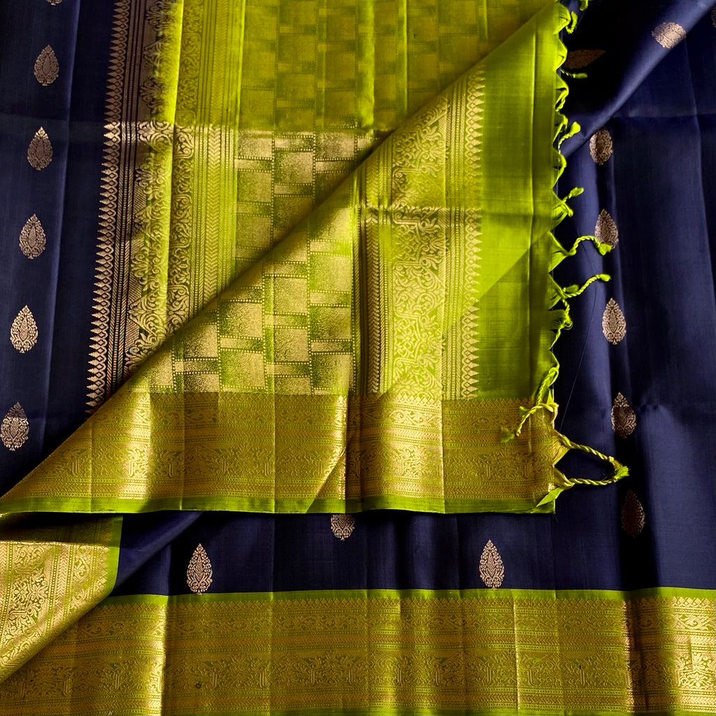 Deep Navy Blue Designer Pure Silk Saree With Lime Green Pallu