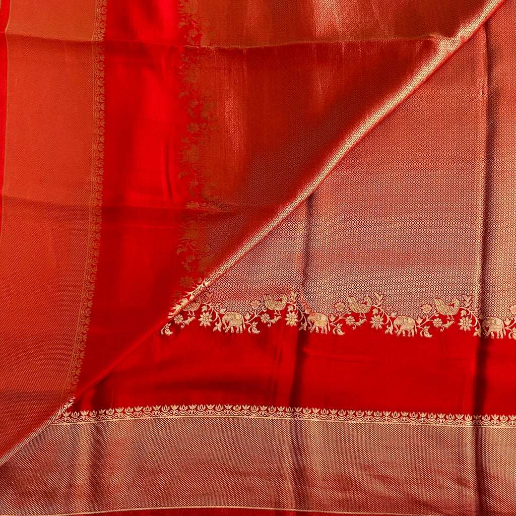 Ruby Red Soft Crepe Silk Saree Antique Gold Pallu Elephant Border