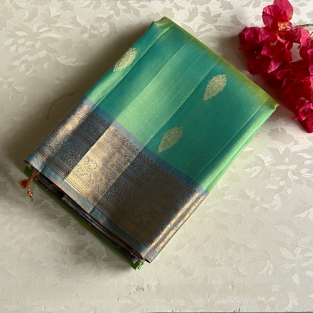 Lime Green Designer Pure Silk Saree With Slate Grey Pallu