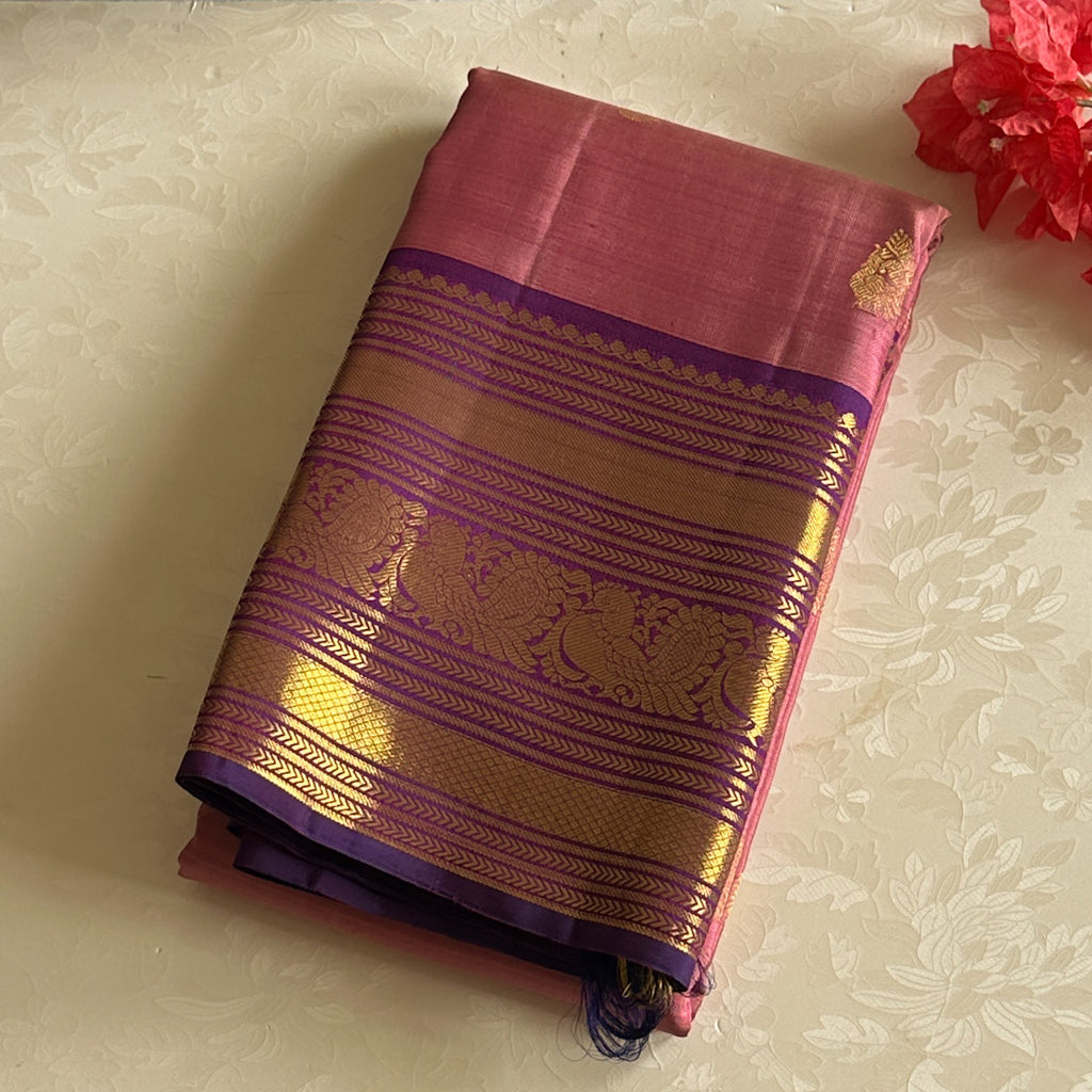 Magenta Silk Saree with Gold Brocade Pallu and Purple Border
