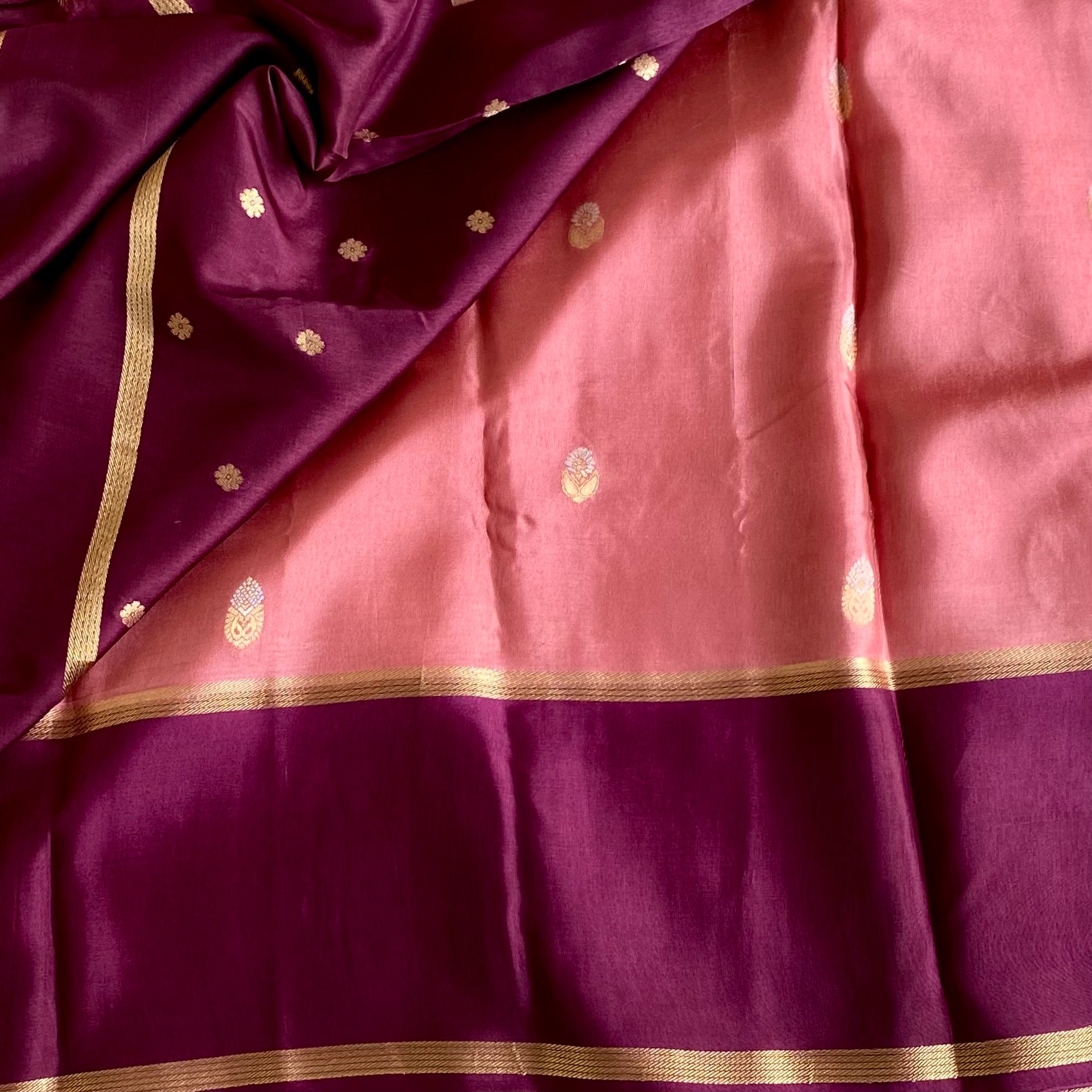 Peach Pink Soft Tussar Silk Saree With Plum Purple Border Pallu