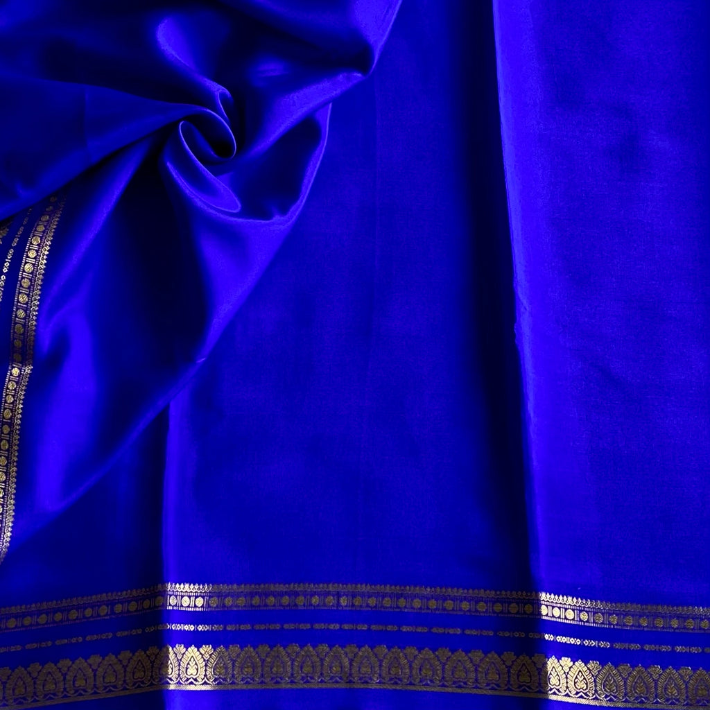 Royal Blue Mysore Crepe Silk Saree With Gold Border