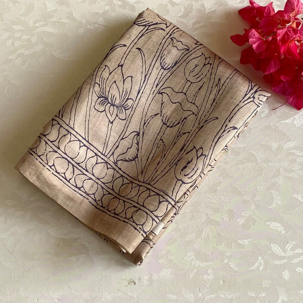 Earthy Beige Soft Tussar Silk Saree With Antique Designer Prints