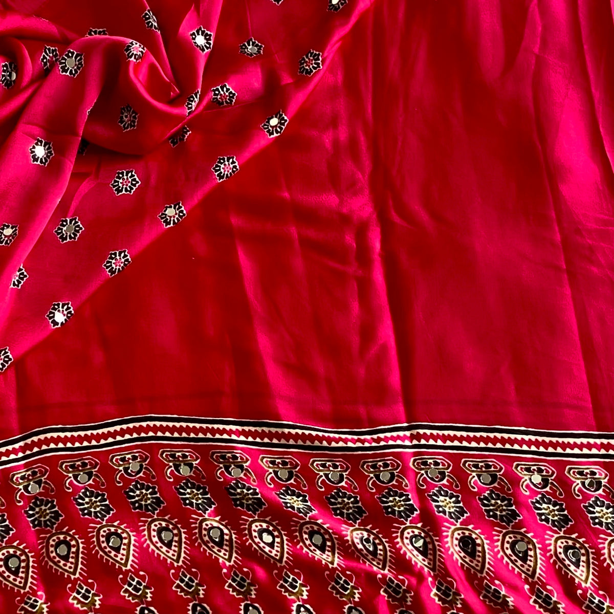 Rani Pink Softest Satin Silk Saree With Ivory Medallion Panels