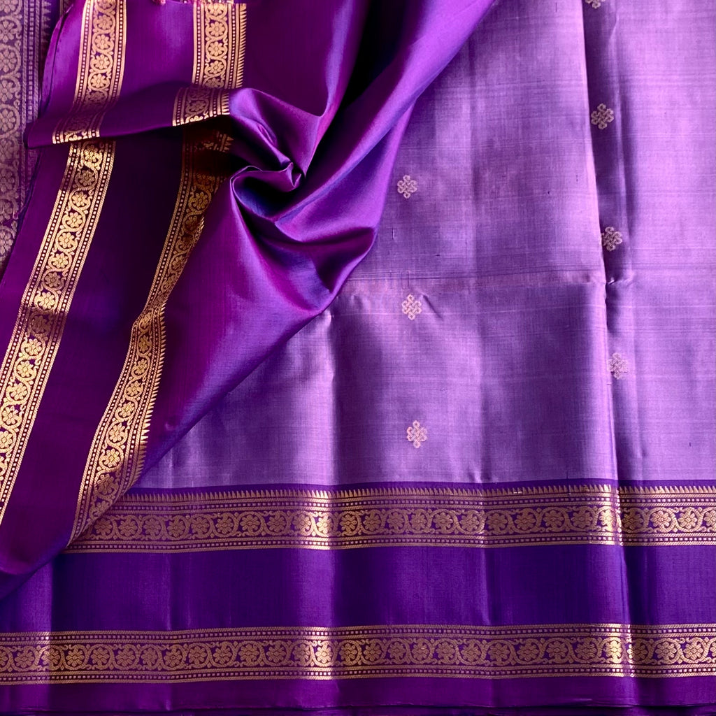 Amethyst Purple Designer Pure Silk Saree With Kollam Buttas and Antique Gold Accents