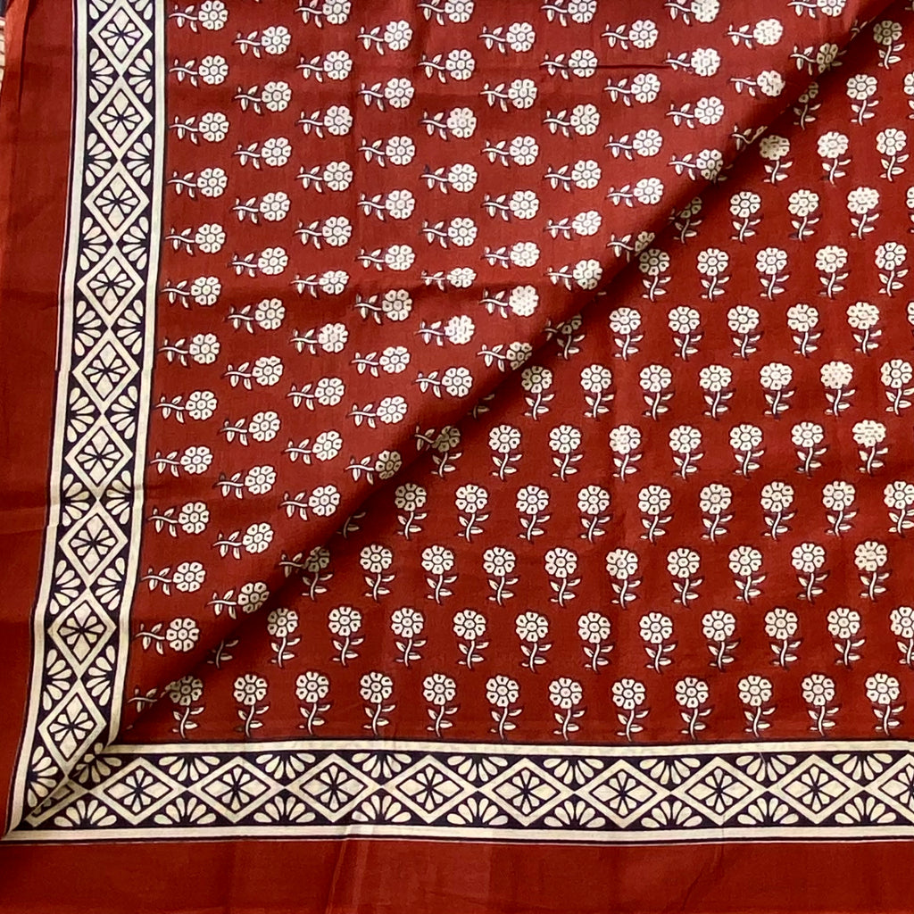Rust Beige Handblocked Cotton Saree Paisley Striped Pallu Geometric Border