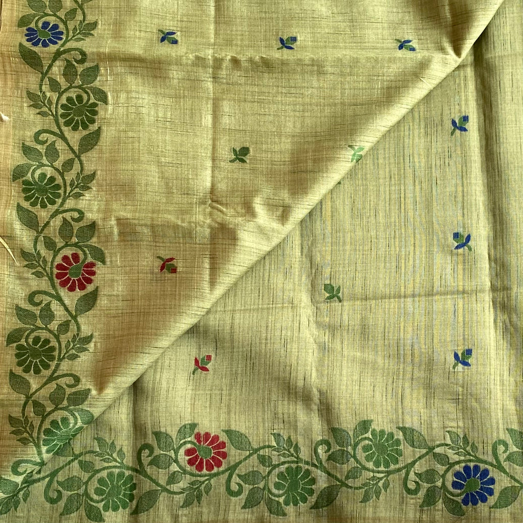 Moss Green Soft Jute Tussar Saree With Royal Blue Accents