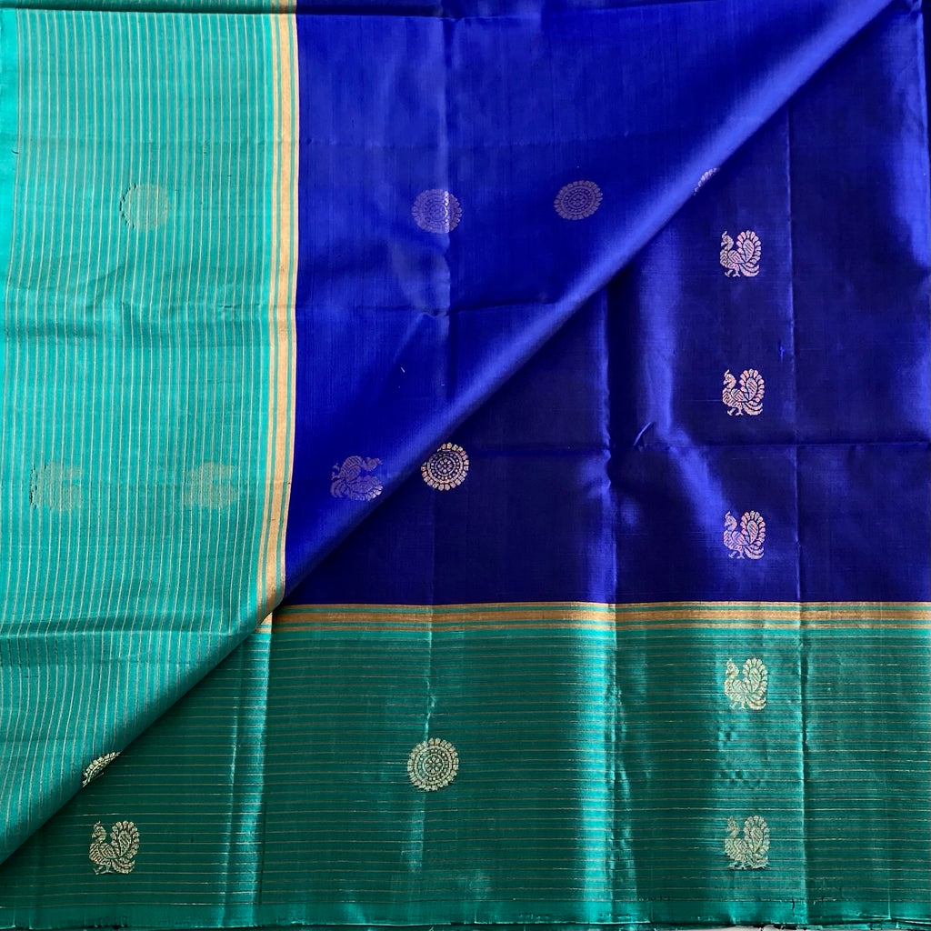 Stunner Royal Blue with Turquoise Designer Pure Silk with Peacock & Rudraksh Motifs