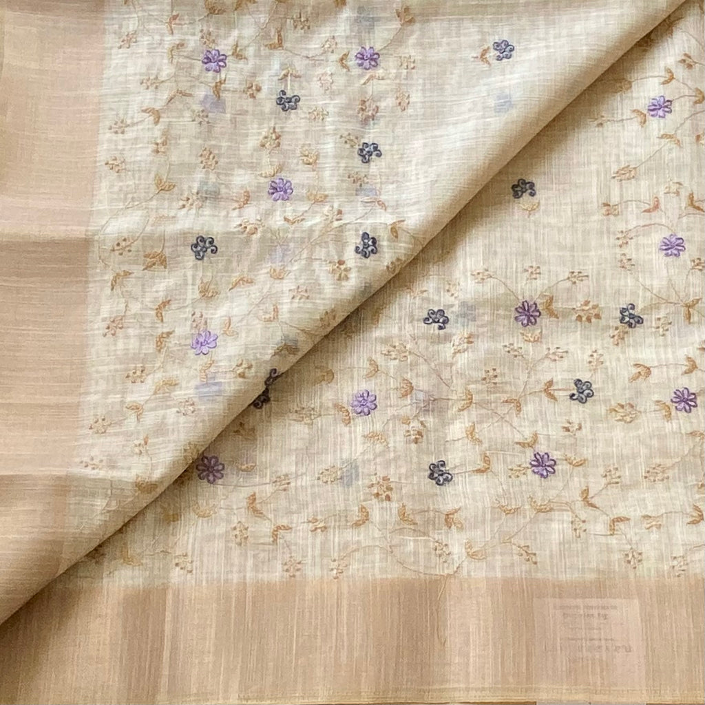 Pale Beige Floral Embroidered Saree Antique Gold Zari Broad Border