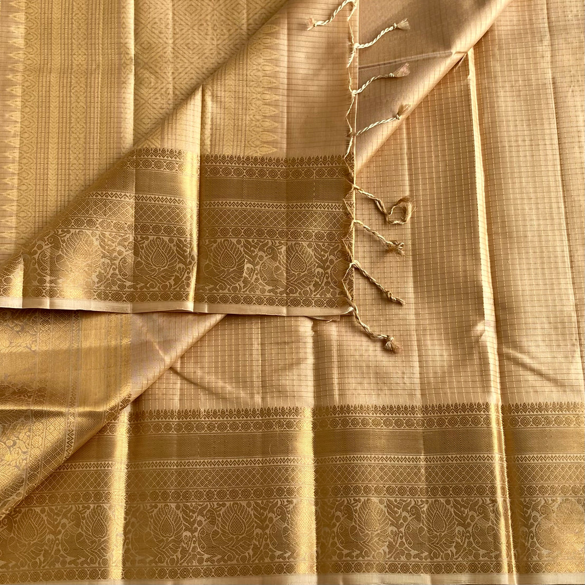 Micro Checkered Champagne Beige Designer Pure Silk Saree With Antique Gold Pallu