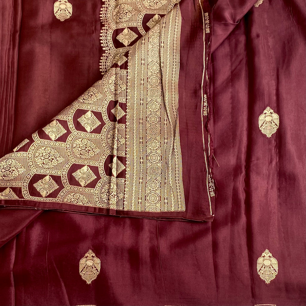 Plum Brown Soft Crepe Silk Saree With Antique Gold Pallu And Lime Blouse