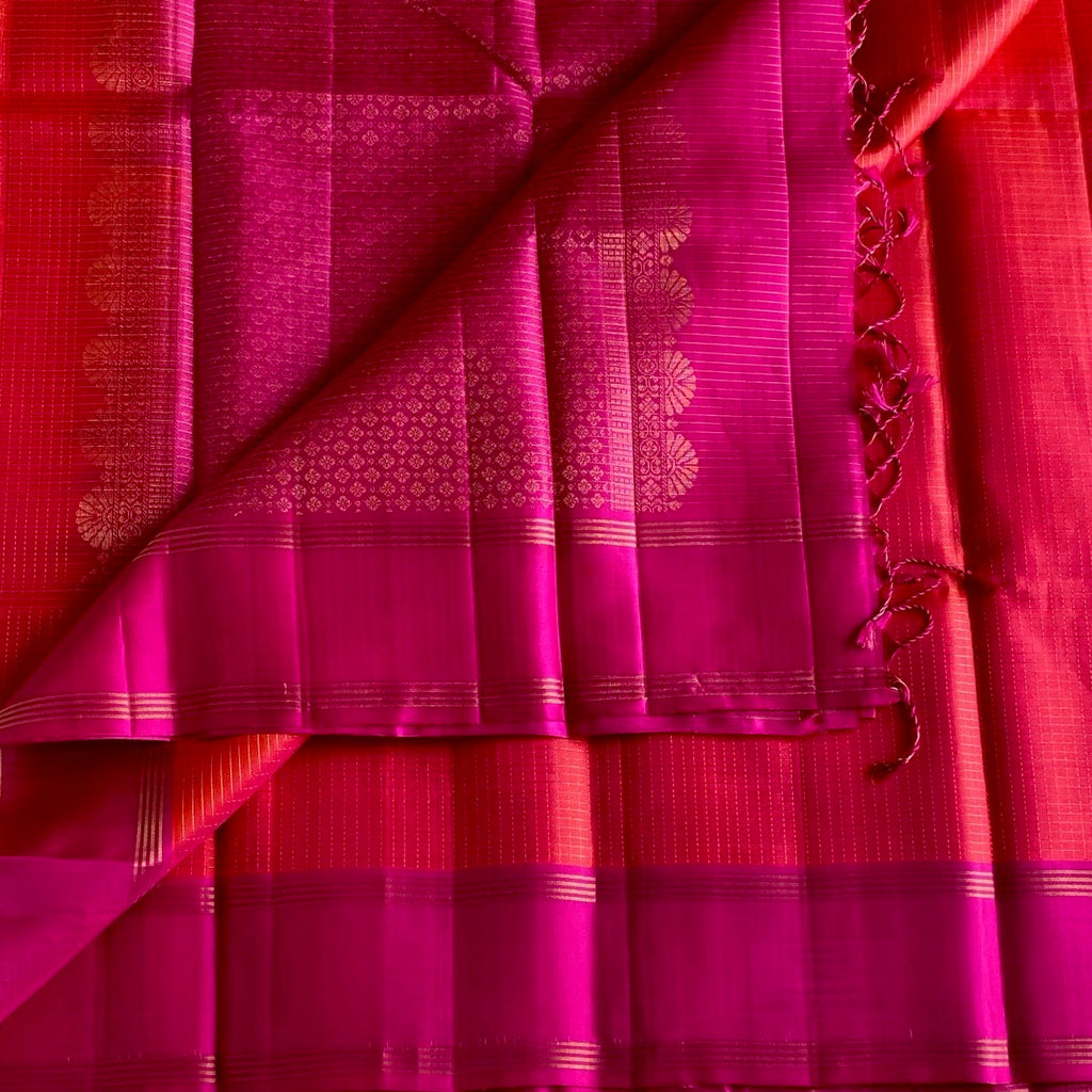 Magenta And Scarlet Red Designer Pure Silk Saree With Gold Zari