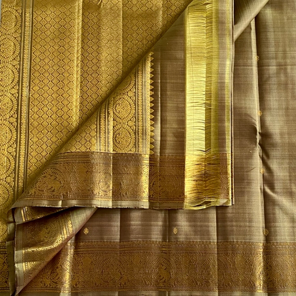 Sage Green Mix Beige Kanjeevaram Pure Zari Silk Saree With Metallic Gold Pallu