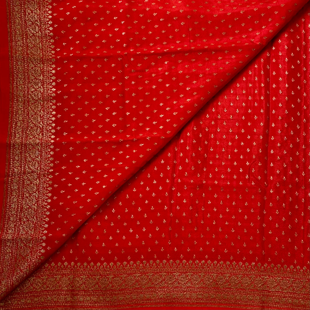 Scarlet Red Silk Saree with Gold Brocade and Wide Border