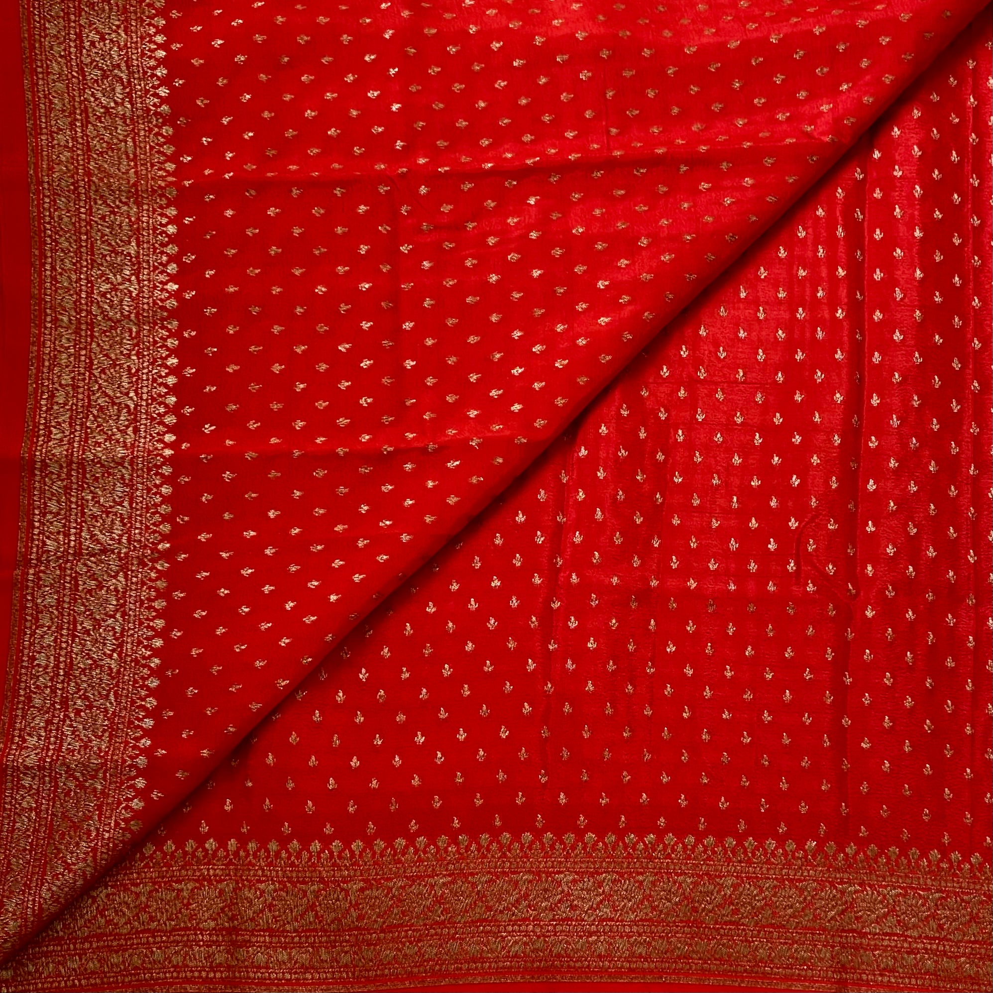 Scarlet Red Silk Saree with Gold Brocade and Wide Border