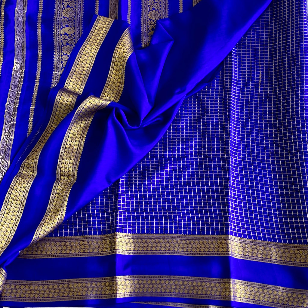 Royal Blue Mysore Crepe Silk Saree With Antique Gold Zari Stripes