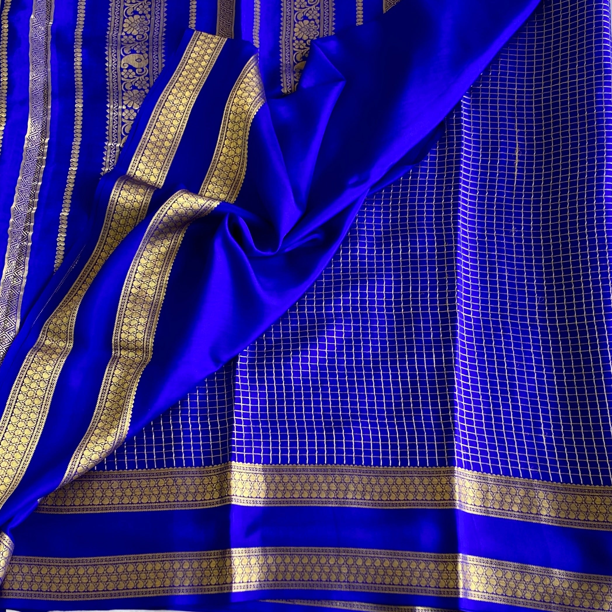 Royal Blue Mysore Crepe Silk Saree With Antique Gold Zari Stripes
