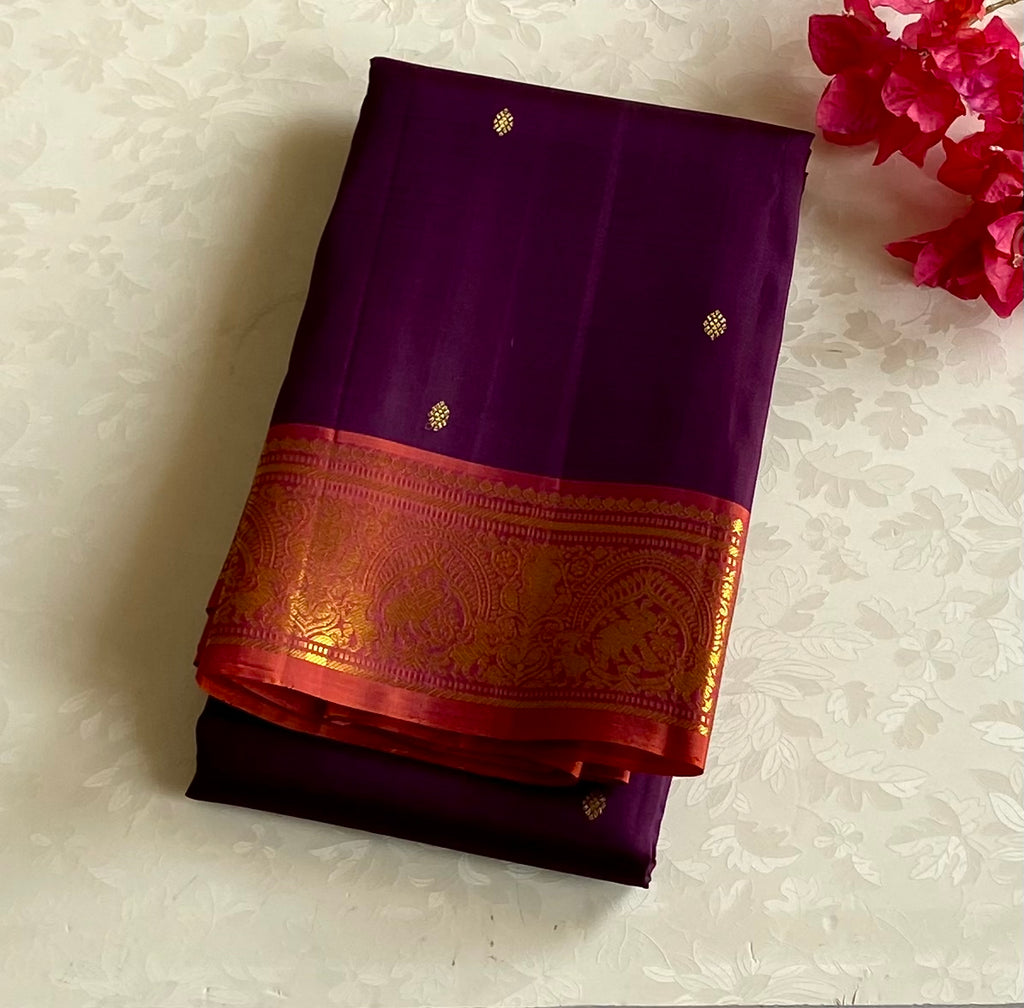 Deep Plum Saffron Orange Silk Saree with Gold Brocade Border