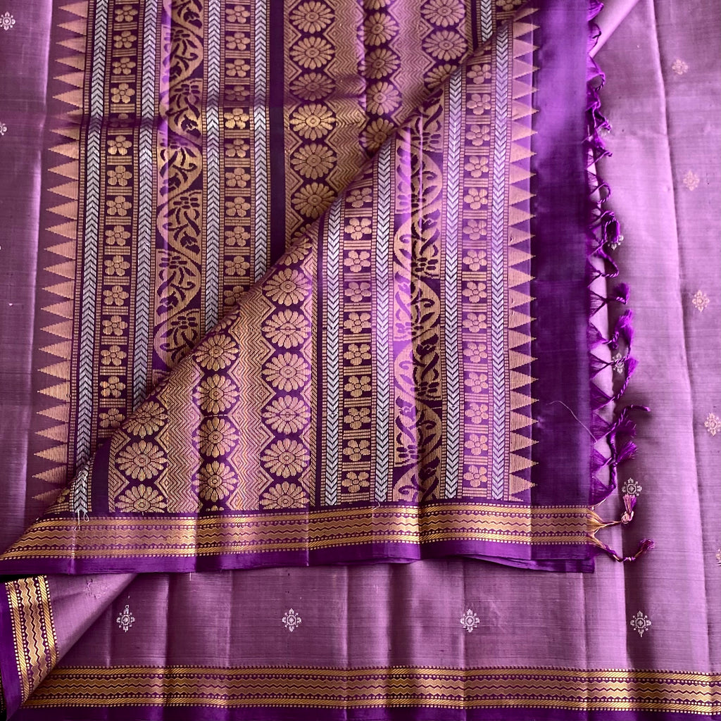 Heather Purple Designer Pure Silk Saree With Antique Gold Zari Work