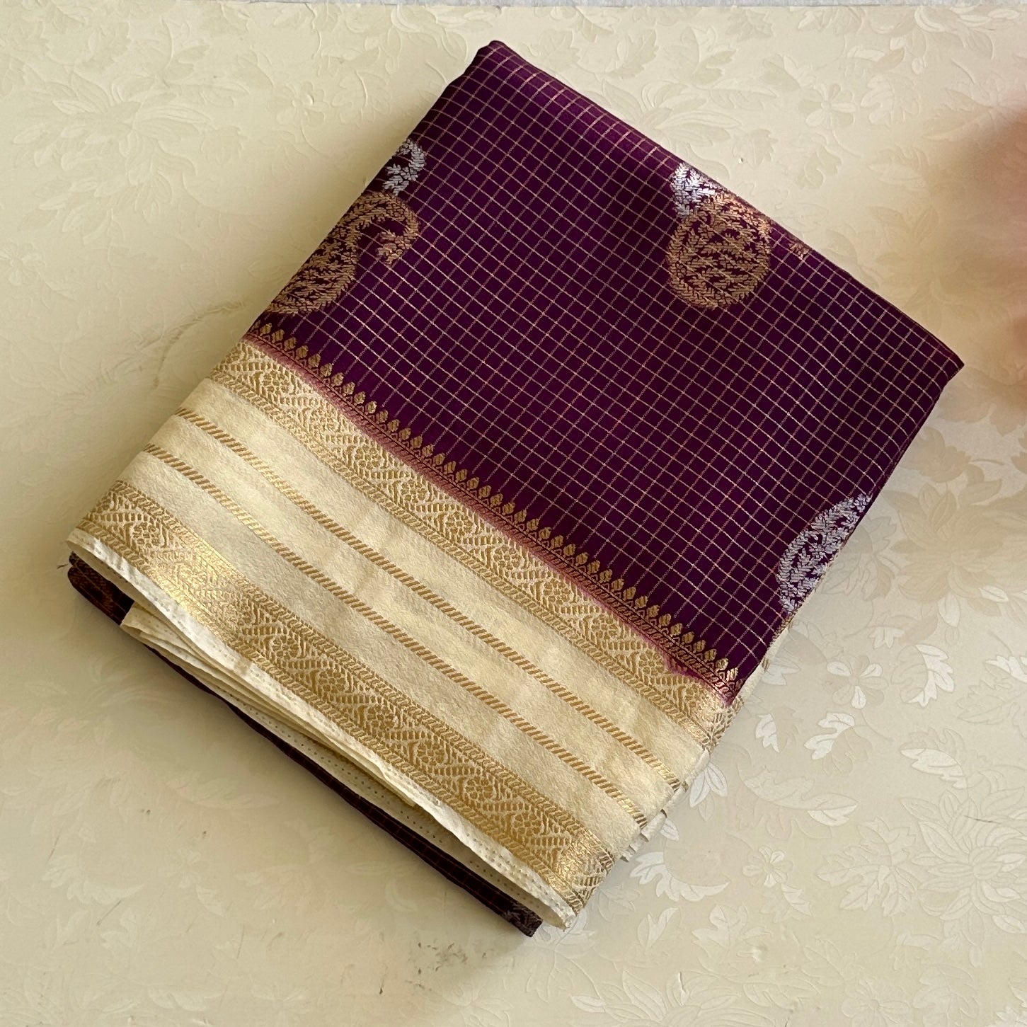 Royal Purple Banarasi Saree With Ivory Gold Pallu And Zari