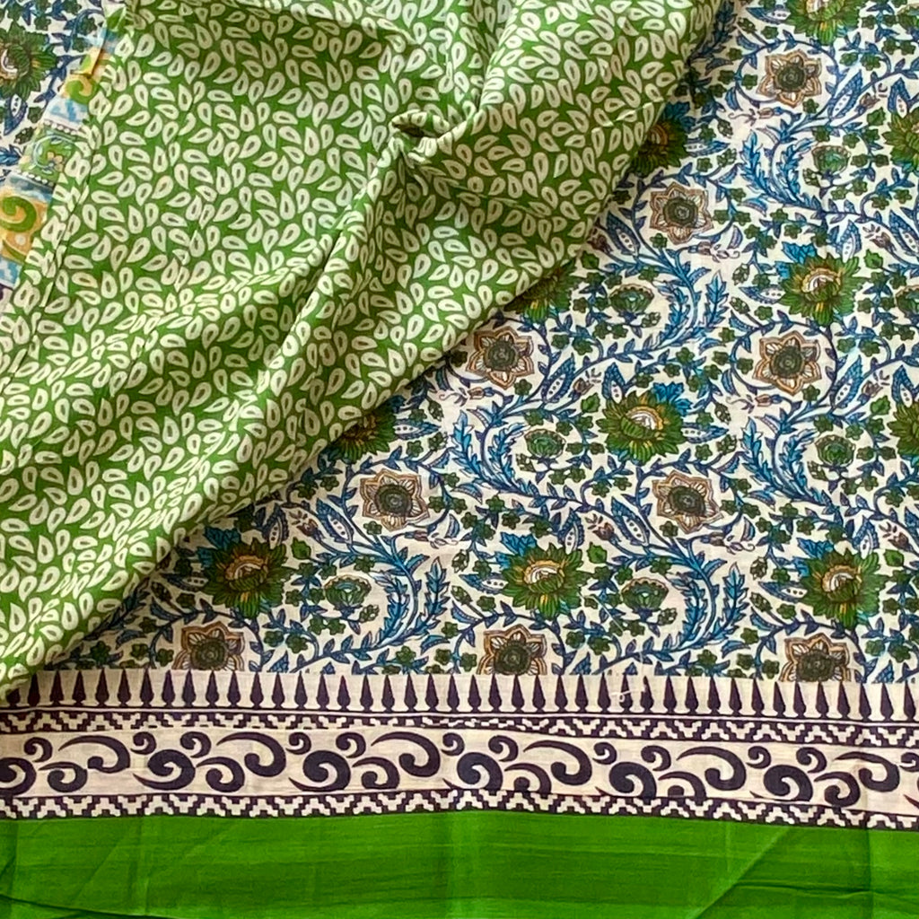 Green Teal Floral Block Print Cotton Saree With Printed Border