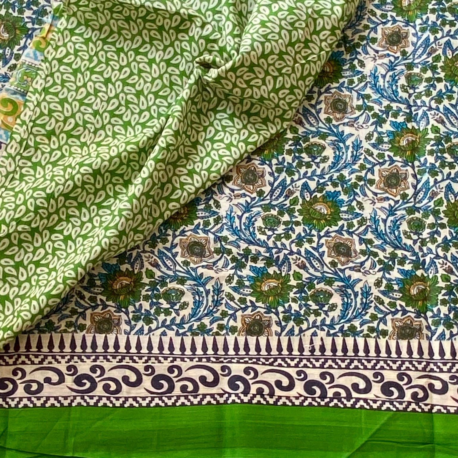 Green Teal Floral Block Print Cotton Saree With Printed Border