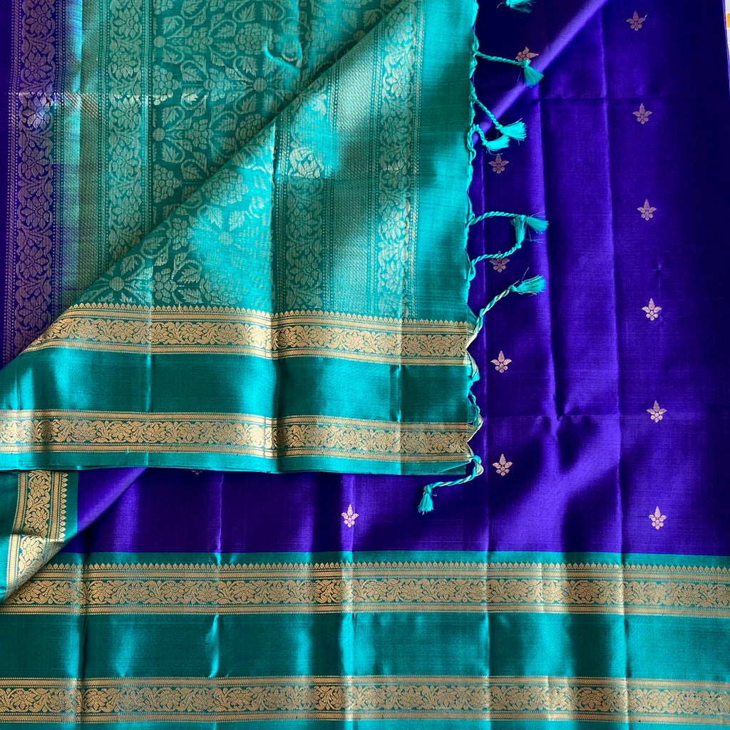 Royal Blue Designer Pure Silk Saree With Teal Blue Pallu