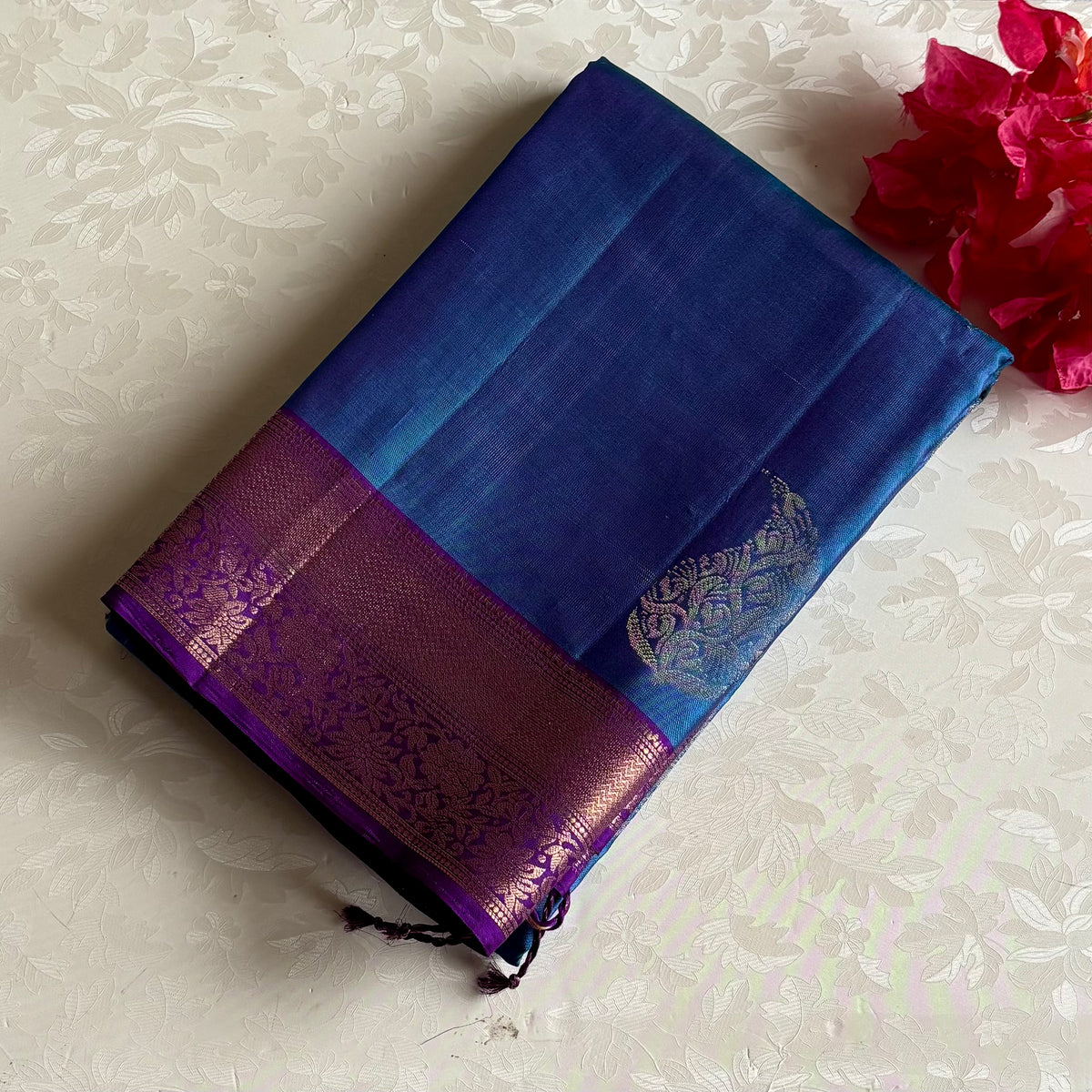 Dual Shaded Peacock Blue Designer Pure Silk Saree With Violet Purple Pallu