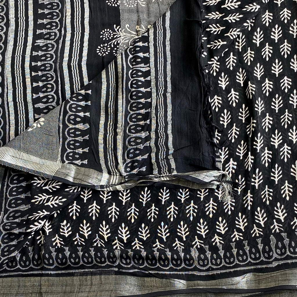 Jet Black With Silver - Block Printed Soft Linen Elegance