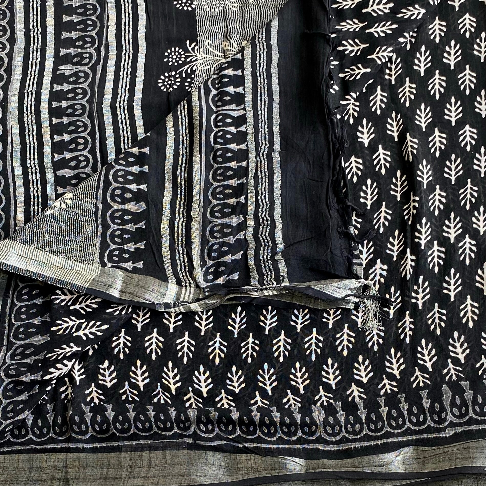 Jet Black With Silver - Block Printed Soft Linen Elegance