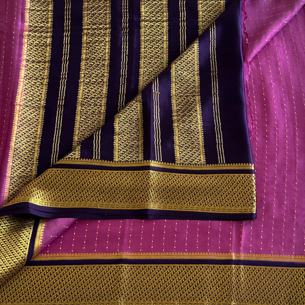 Deep Lilac with Elegant navy blue Designer Pure Mysore Silk with Tiny Buttas