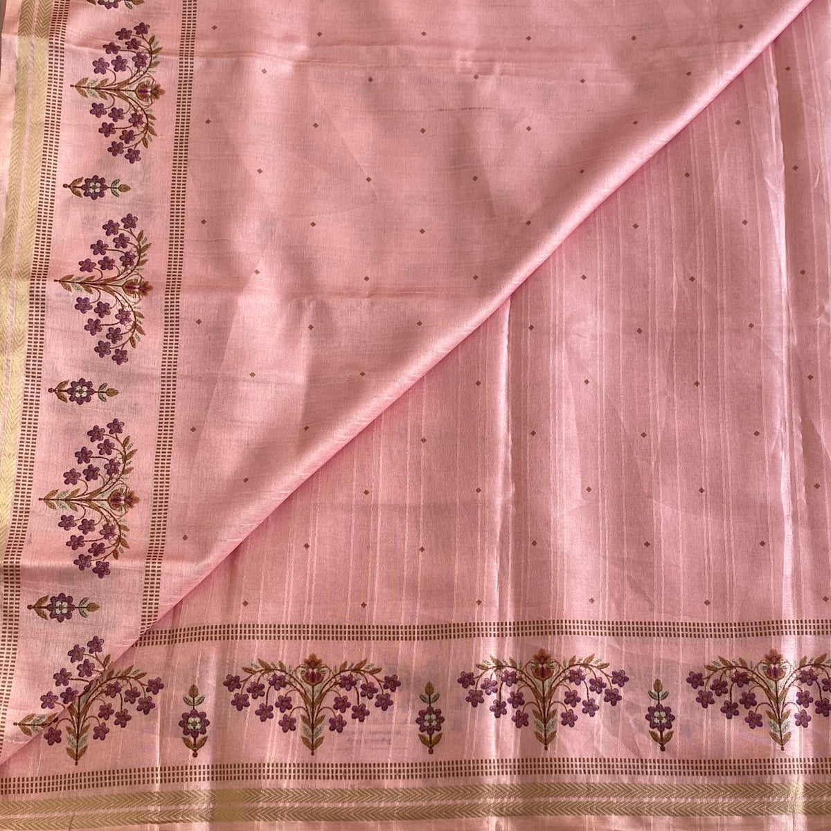 Blush Pink Softest Tussar Saree With Violet Purple Prints