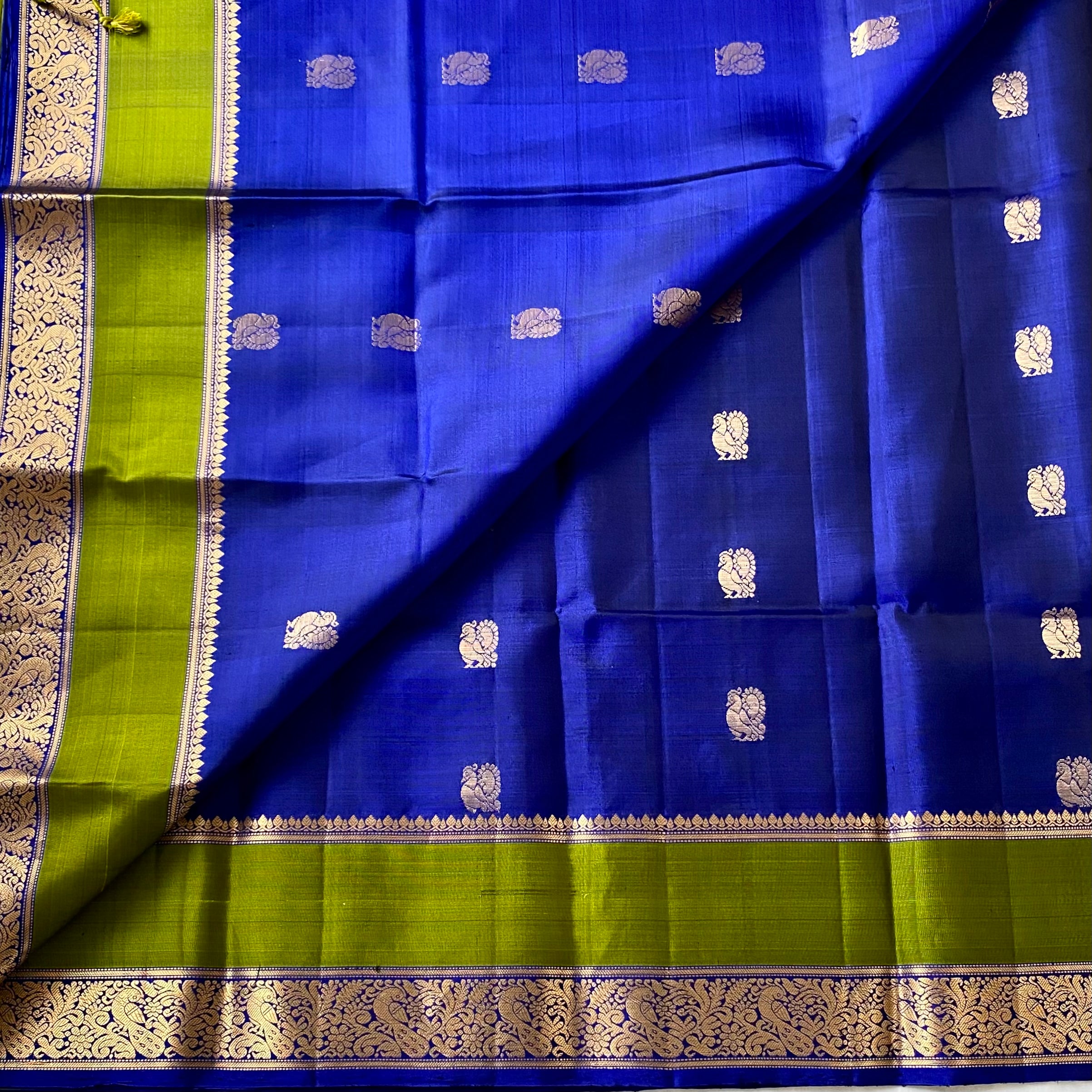 Navi • Royal blue with exquisite olive green handwoven designer pure silk