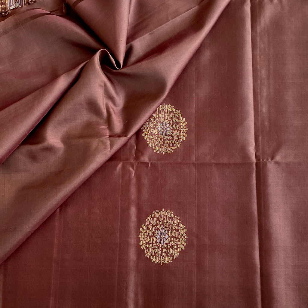 Deep Chestnut Brown Designer Pure Silk Saree With Antique Gold Pallu