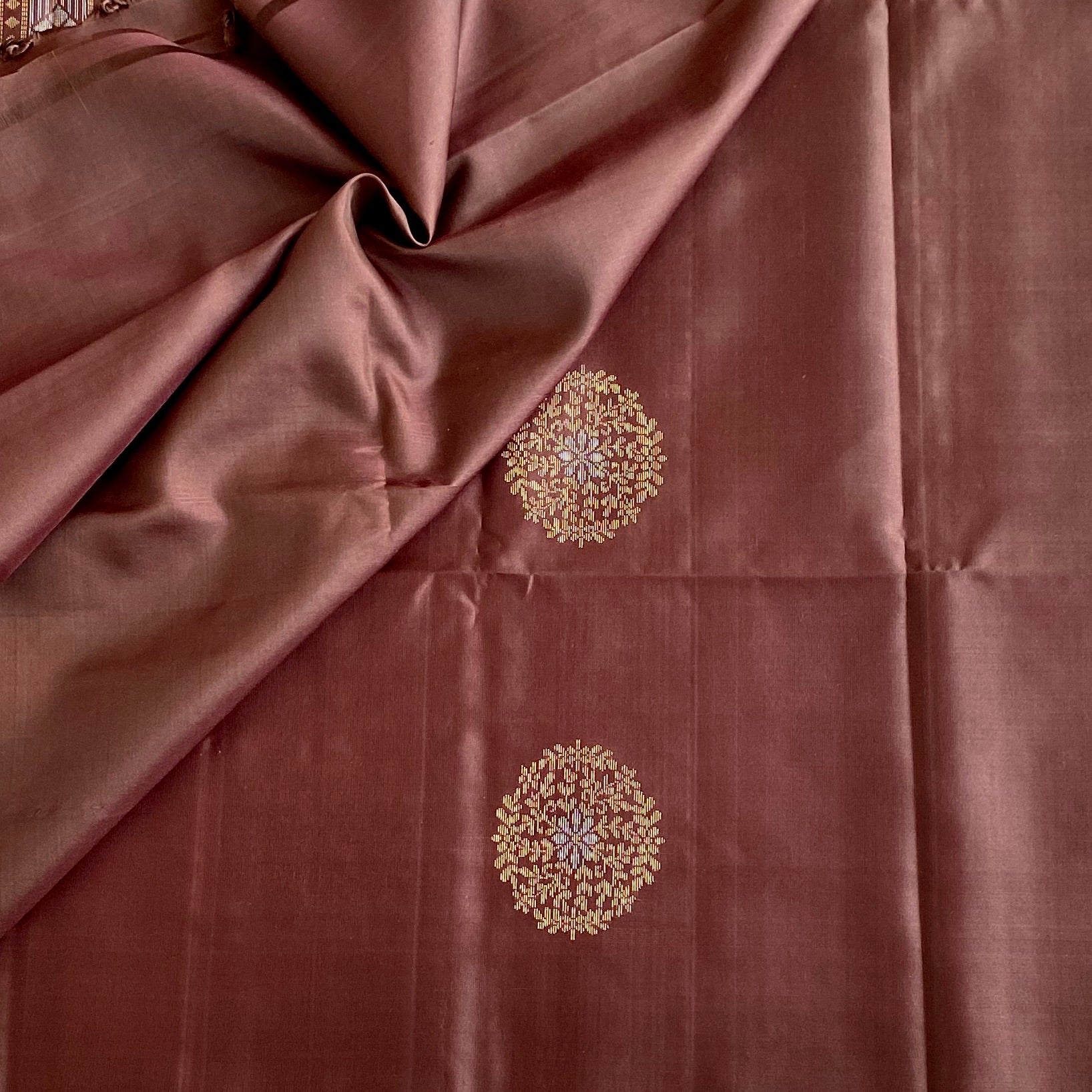 Deep Chestnut Brown Designer Pure Silk Saree With Antique Gold Pallu