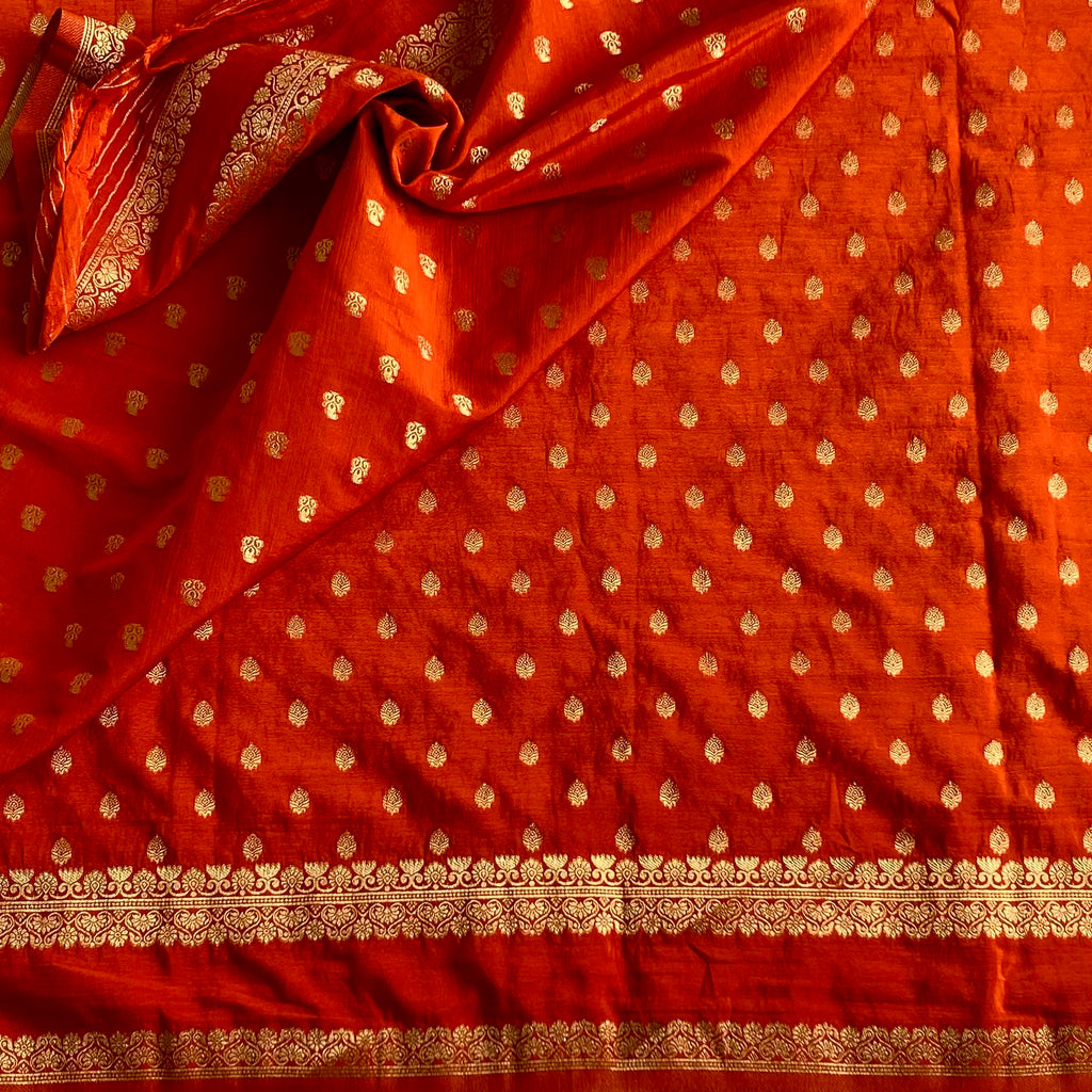 Burnt Orange Soft Tussar Silk Saree With Metallic Gold Brocade Pallu