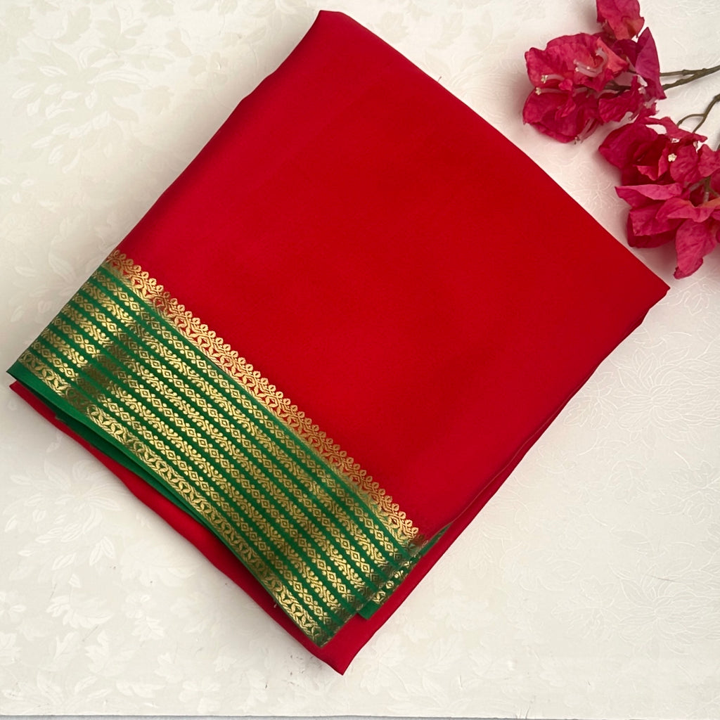 Crimson red wit bottle green Mysore silk stunner