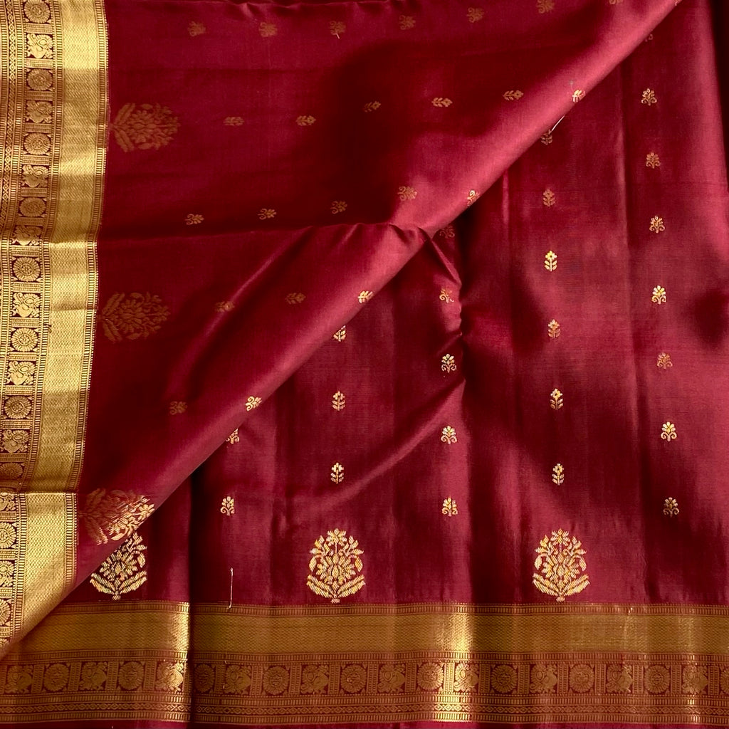 Deep Maroon Designer Pure Silk Saree With Metallic Gold Brocade