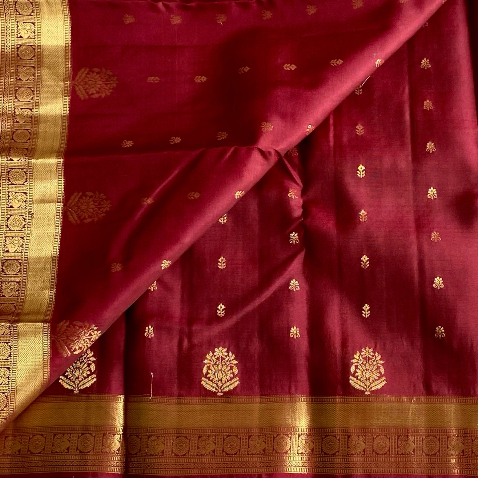 Deep Maroon Designer Pure Silk Saree With Metallic Gold Brocade