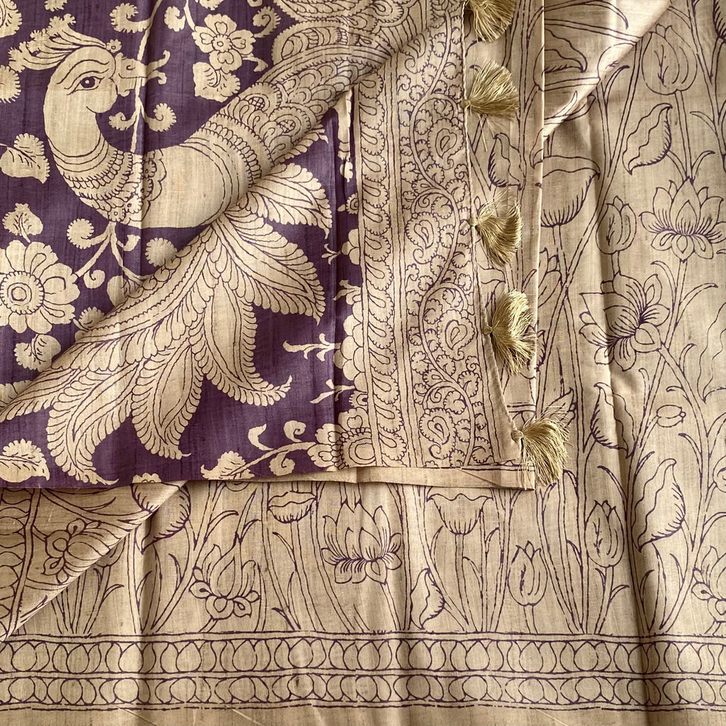 Antique Gold Soft Tussar Silk Saree With Plum Purple Pallu