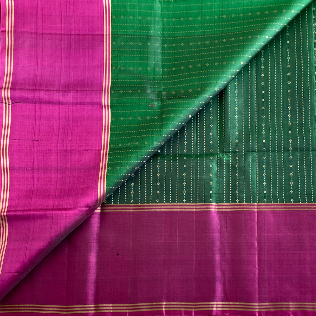 Bottle Green Designer Pure Silk Saree With Magenta Pink Pallu
