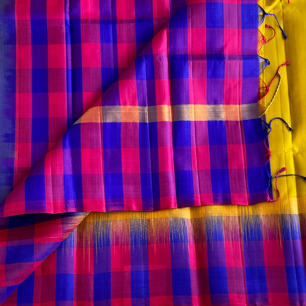 Golden Lime Pure Handwoven SilkWith Multi Checkered Borders & Pallu