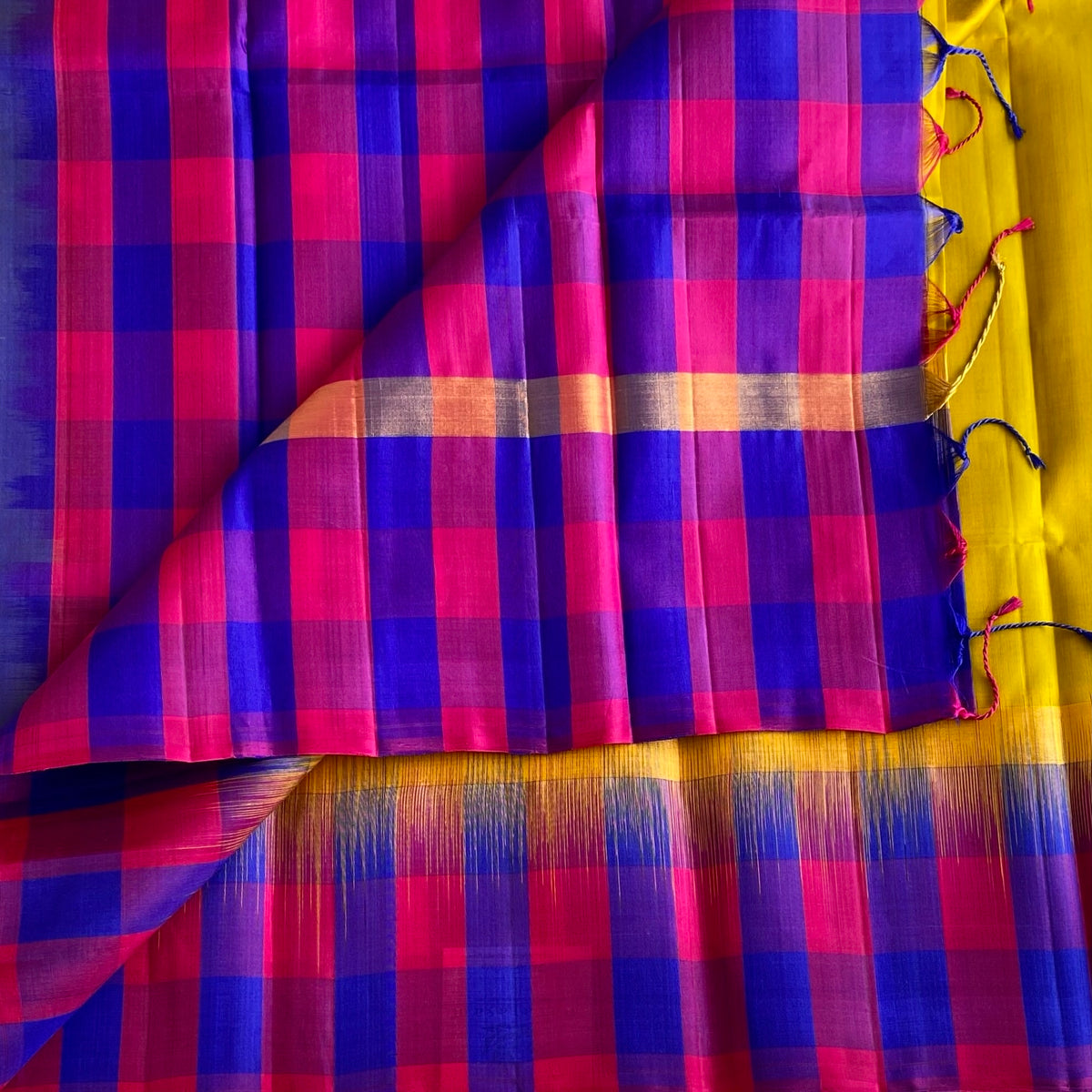 Golden Lime Pure Handwoven SilkWith Multi Checkered Borders & Pallu
