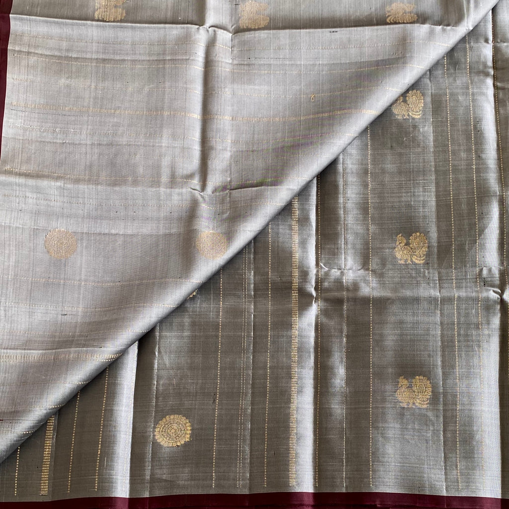 Silver Grey Designer Pure Silk Saree With Wine Maroon Pallu And Zari