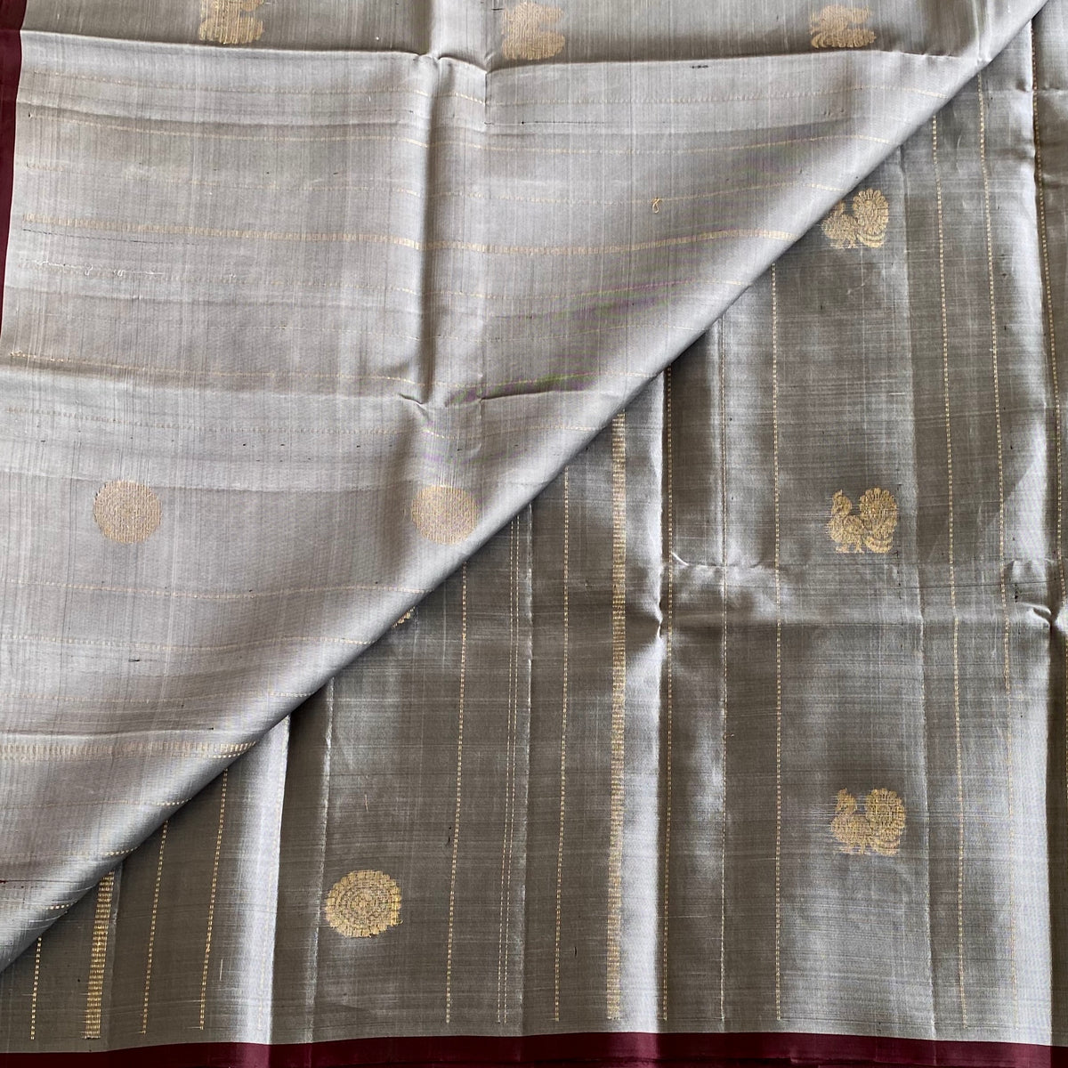 Silver Grey Designer Pure Silk Saree With Wine Maroon Pallu And Zari