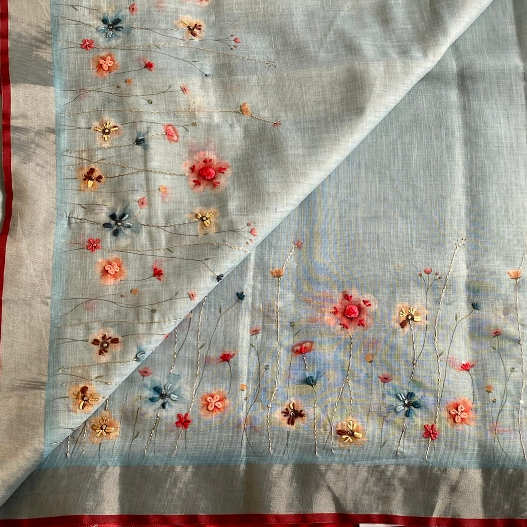 Dreamy Aqua Soft Linen Saree With Coral Pink Embroidery